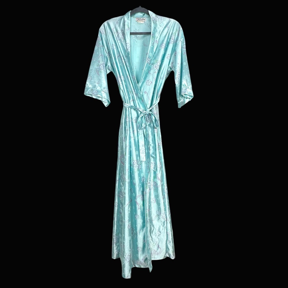 Julie Girl Vintage Floral Kimono Robe Aqua Blue Satin Wrap Long Lingerie USA M‎